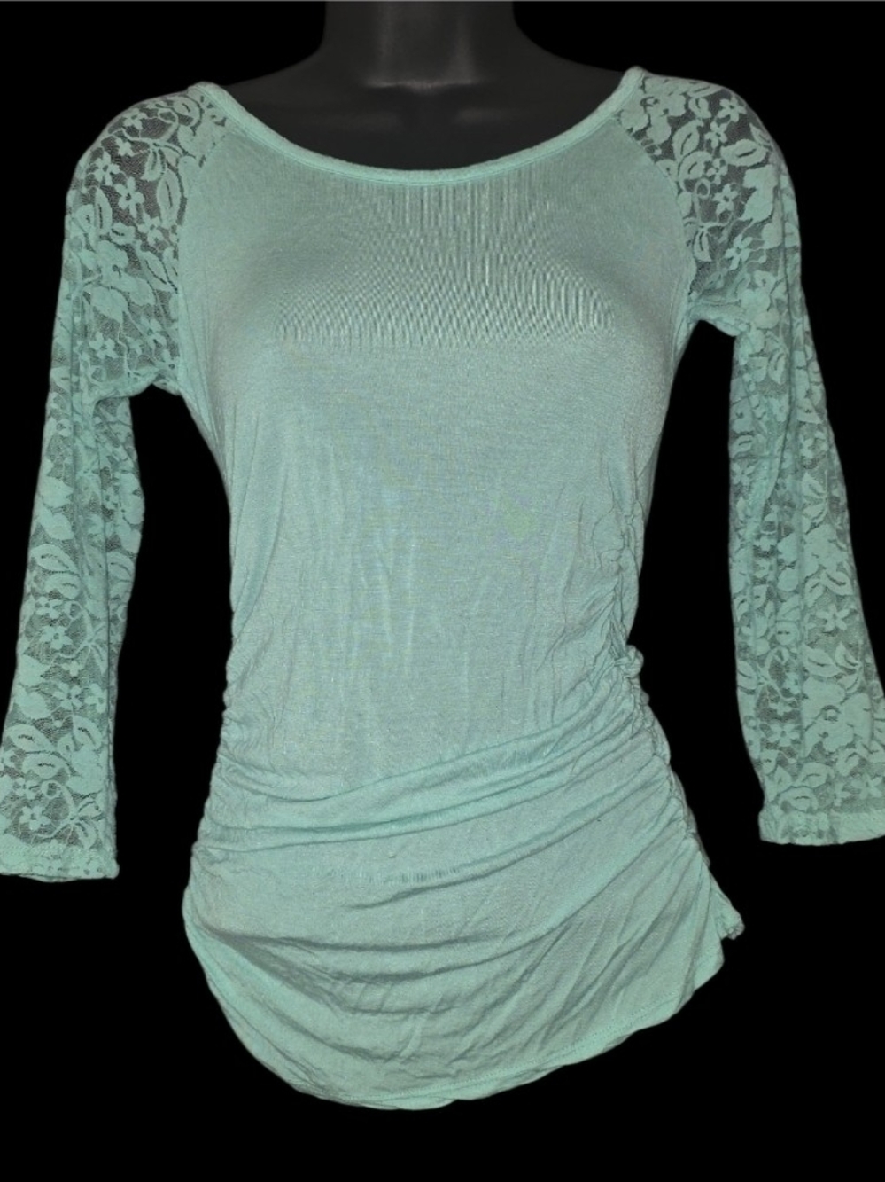 Bozzolo Y2K Mint Green Ruched Lace Sleeve Top - Size Small